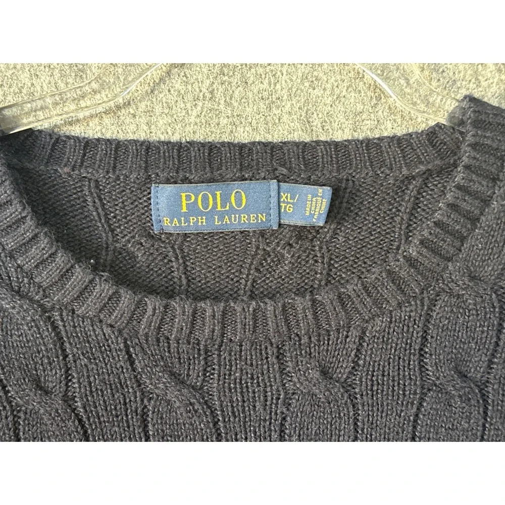 Polo Ralph Lauren Mens XL Navy Blue Cable Knit Cotton Crewneck Sweater Red Pony
